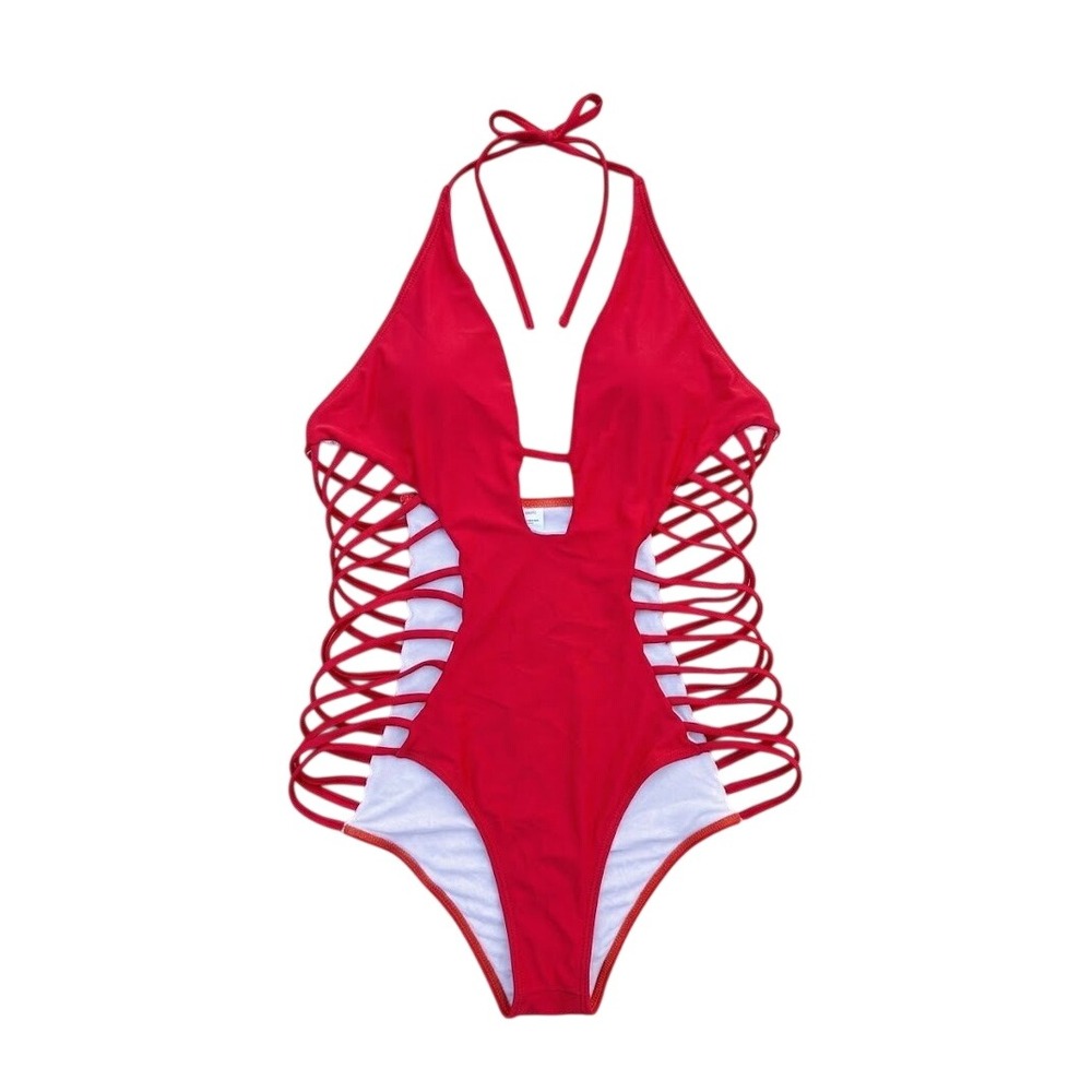 Red strappy Halter One Piece Swimsuit‎ XLarge Sexy Beach Vacay